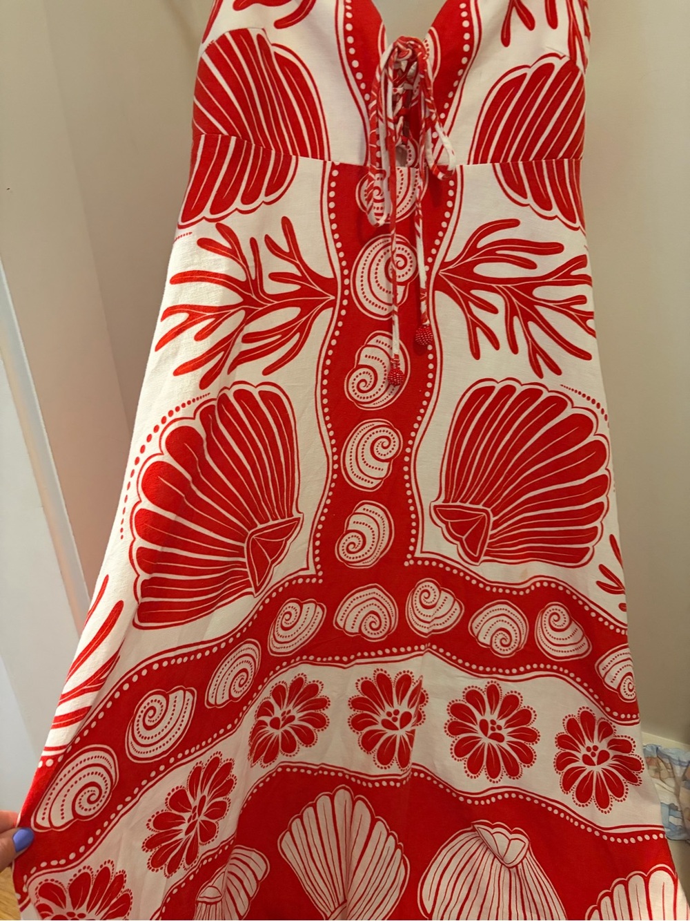 FARM Rio Red White Shell Print Linen Blend Maxi Dress Size Small - Picture 7 of 9